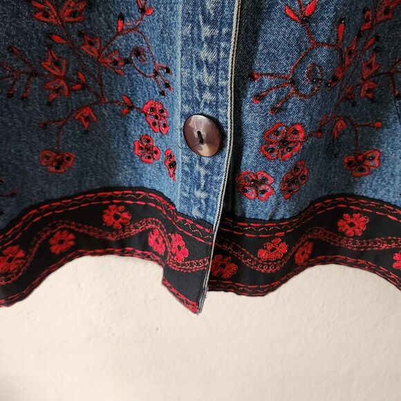 Life Style Denim Embroidered Red Black Floral Button Front Jacket Size S Japan - Picture 6 of 10